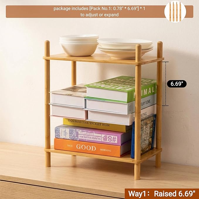 2-Tier Expandable Bamboo Desktop Organizer Shelf Kitchen Cabinet and Counter Riser Display Shelf for Top of Desk Home Office Bathroom Coffee Table Display Stand (1, Natural, 2-Tier Plus)