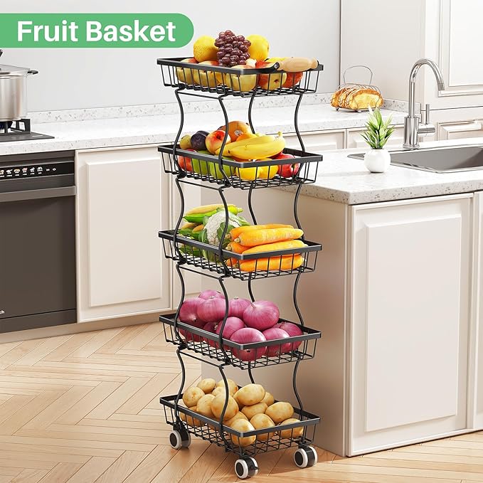SAYZH Fruit Basket Kitchen Pantry Organizers and Storage - 5 Tier Stackable Metal Wire Basket Stand for Fruit Vegetable Snacks Jars Bins Containers Organization, (Black, 5 Tiers)
