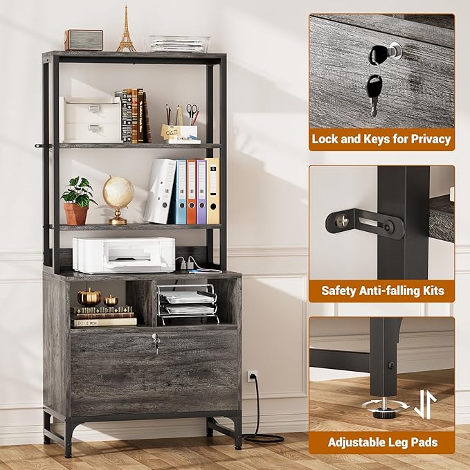 Homieasy Vertical File Cabinet, Bookshelf Filing Cabinet with Charging Station & Lock, Printer Stand Drawer Cabinet for Home Office, Fits Letter/A4/Legal Size, Grey