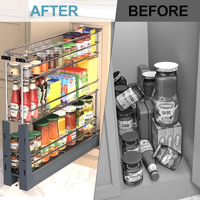 Pull Out Spice Rack for Narrow Cabinet (5.9" W X 19.7" D), Heavy Duty 3 Tier narrow PullOut Cabinet Organizer and Slide Out Shelves for inside Base Cabinets, Filler Pantry Storage