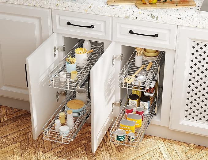 LOVMOR Individual Pull Out Cabinet Organizer, 2 Tier Slide Out Cabinet Drawers, Pots and Pans Organizer and Storage Pantry Shelf for Kitchen (7½" W x 21½" D)