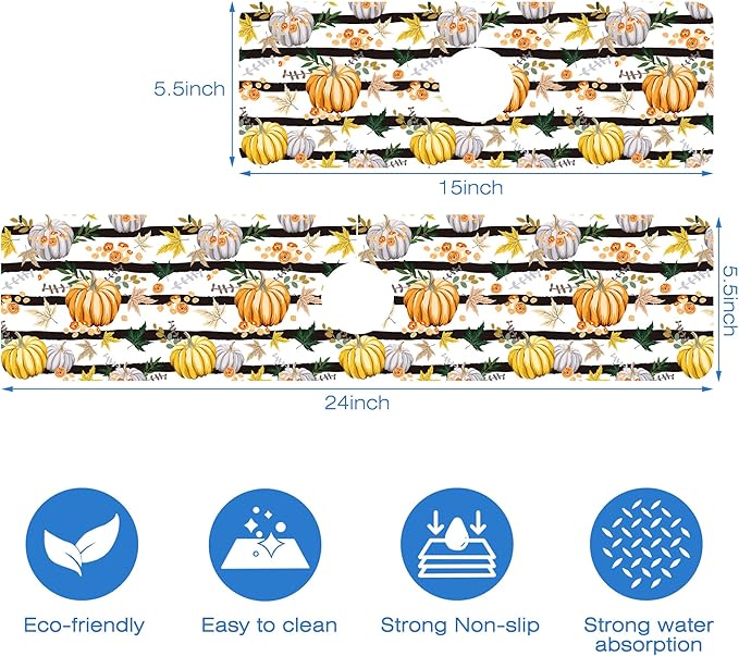 Thanksgiving Sink Faucet Absorbing Mat Autumn Pumpkin Floral Absorbent Fast Drying Mat Faucet Draining Mat Sink Splash Guard Behind Faucet Drip Catcher for Kitchen Bathroom 5.5"×24"