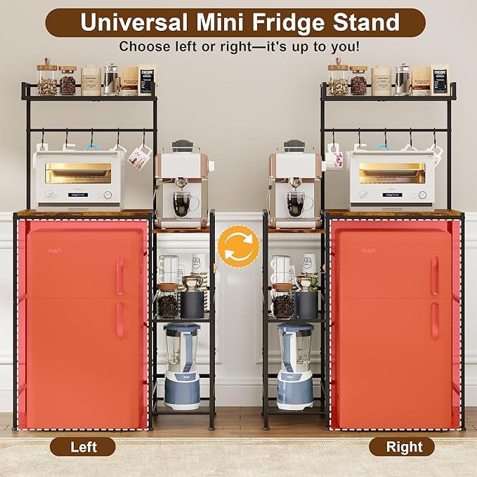 Mini Fridge Stand with Storage Shelves, Kitchen Bakers Rack, Coffee Bar, Microwave Oven Stand, Wine Cabinet, Refrigerator Stand with 5 Lockable S Hooks for Dorm, Apartment, Living Room, Office