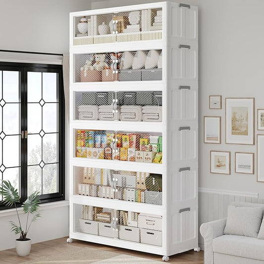 720QT Extra Large Stackable Storage Bins with Lid, 180Gal Plastic Closet Organizers and Storage Drawer, Collapsible Cabinet Box with Wheels Clear Doors for Home Kitchen Office, 6Pack White