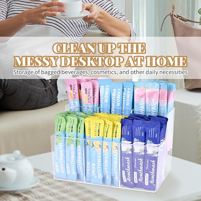 2-Tier Drink Packet Organizer, Acrylic Water Flavor Packet Holder with 6 Compartments, Stackable Drink Mix Organizer for Pantry, Kitchen Cabinet & Countertop Storage