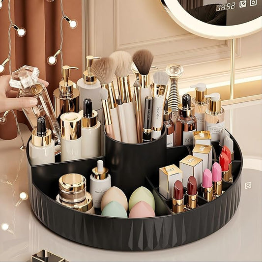 360° Rotate Makeup Organizer, Countertop Skincare Organizer, Large Capacity Multi-Compartment Makeup Brush Lipstick Skincare Organizer, Cosmetic Storage for Dresser Vanity & Bathroom (Black)