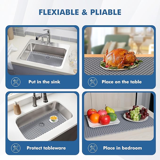 Bestjing Silicone Sink Protectors for Kitchen Sink - 28.3"x 15.7" Kitchen Protector Mat Accessory, Non-Slip Heat Resistant Mat for Bottom of Farmhouse Stainless Steel Porcelain (Gray)