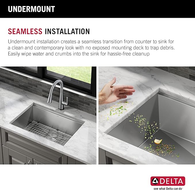 DELTA FAUCET Rivet 27-Inch Workstation Kitchen Sink Undermount 16 Gauge Stainless Steel Single Bowl with WorkFlow Ledge and Chef’s Kit of 6 Accessories, 95B931-27S-SS
