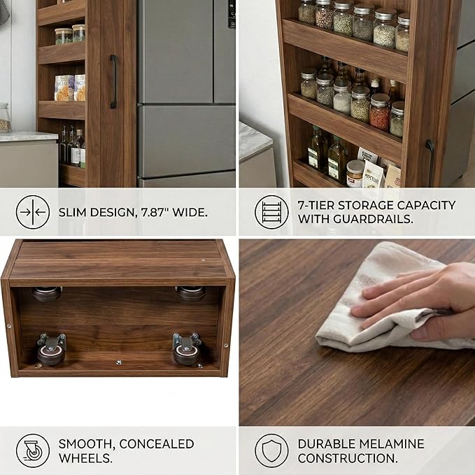 Slim Rolling Storage Cart, 7-Tier Pull-Out Spice Rack with Handle & Wheels, Narrow Kitchen Organizer for Next to Fridge, Pantry, Laundry Room, 7.87 Inch Wide Space Saver (Walnut, Hidden Wheels)