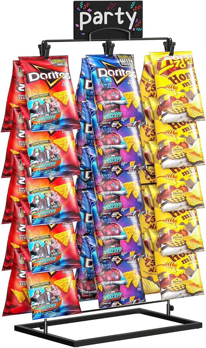 TJ.MOREE Chip Rack Display Stand, Chip Bag Holder for Party Display 3-Row 48 Clips Countertop Snack Hanger, Snack Retail Display Rack