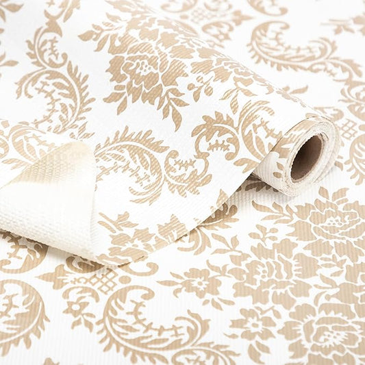 RAY STAR Cabinet Liner, Non Adhesive 12 Inch x 10 Feet Shelf Liners for Kitchen Cabinets Non Slip Grip Bottom Waterproof Easy Trim Wipe Clean Pantry Mat Vinyl Shelves Paper Drawer Sink Gold Damask