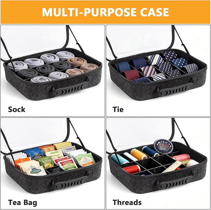 Sock Tie Storage Organizer Box with Clear Lid, 12 Compartment Removable Divided Drawer Organizer for Tea Bag and Threads, Eco-Friendly Felt Case, Gift for Men & Women