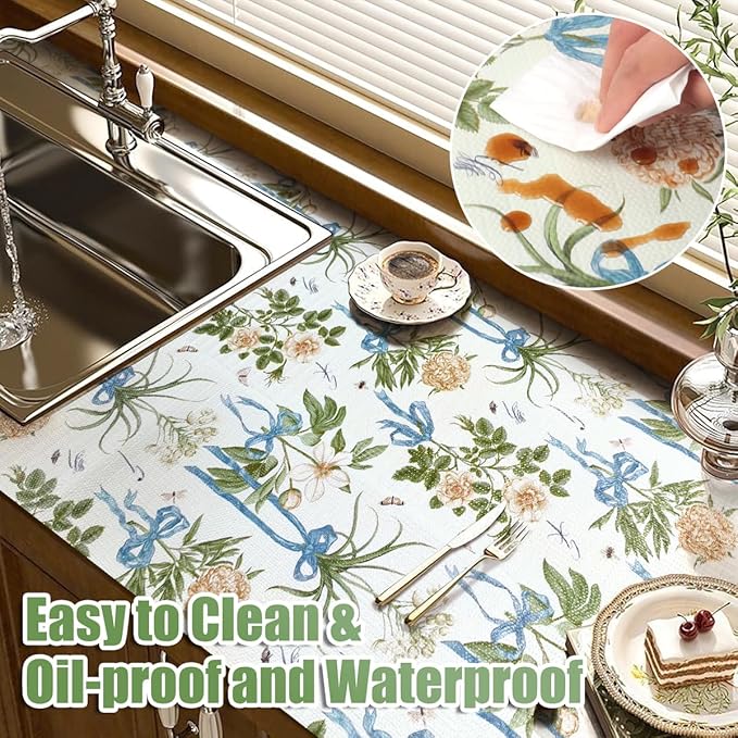 Drawer and Shelf Liner for Kitchen Cabinets Non Adhesive Cabinet Liners Floral Shelf Liners Strong Grip Non-Slip Drawer Liner Waterproof Easy to Clean Cupboard Shelves Dresser Liner 15.7IN x 16.4FT