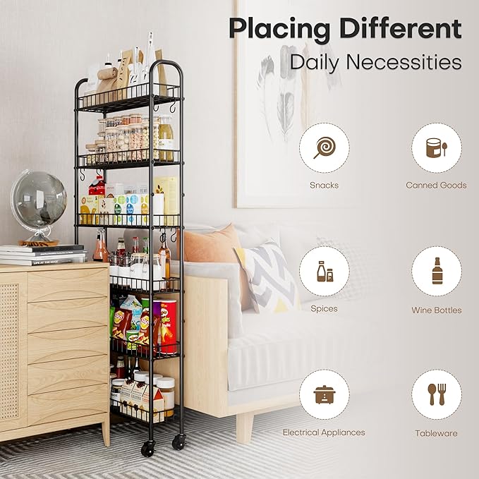 6 Tier Slim Rolling Cart with Wheels, Metal Mobile Shelving Unit Cart, Rolling Utility Carts with Storage for Kitchen, Bathroom, Pantry, Small Spaces (6 Inches-Black)