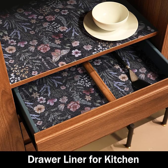 Amiitay Butterfly Shelf and Drawer Liner for Kitchen Cabinets, Non-Adhesive and Strong Non-Slip Floral Shelf Cabinet Drawer Liners for Kitchen, Waterproof Cupboard Liners,Easy to Clean,12IN x 10FT