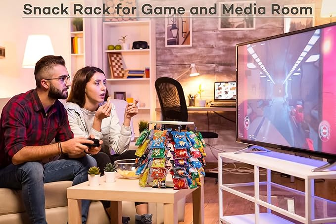 Funturbo Chip Rack Display Stand, 360°Rotating Chip Bag Holder with 5 Tiers 40 Clips, Snack Organizer for Countertop, Party, and Concession Stand