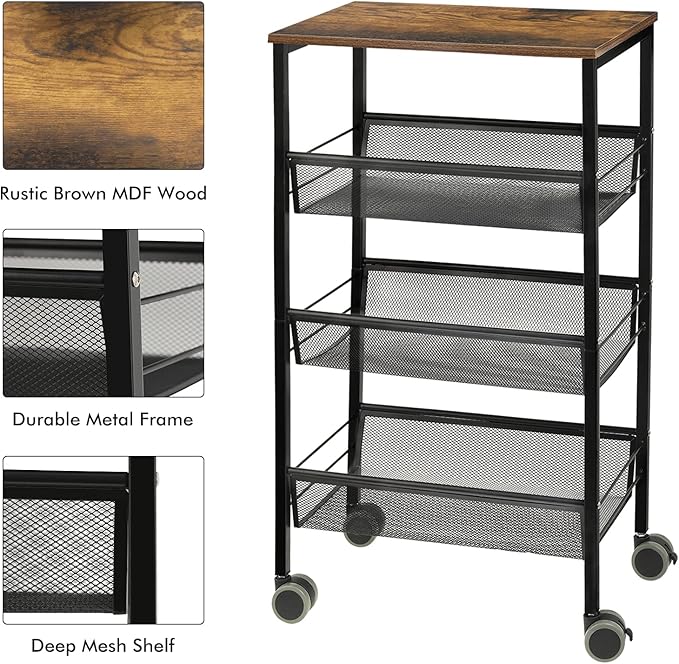 SEHERTIWY Kitchen Storage Rolling Cart, 4-Tier Kitchen Island Cart on Wheels with Wooden Shelves, Lockable Utility Cart with Mesh Baskets for Narrow Space on Dining Room Bathroom，Black