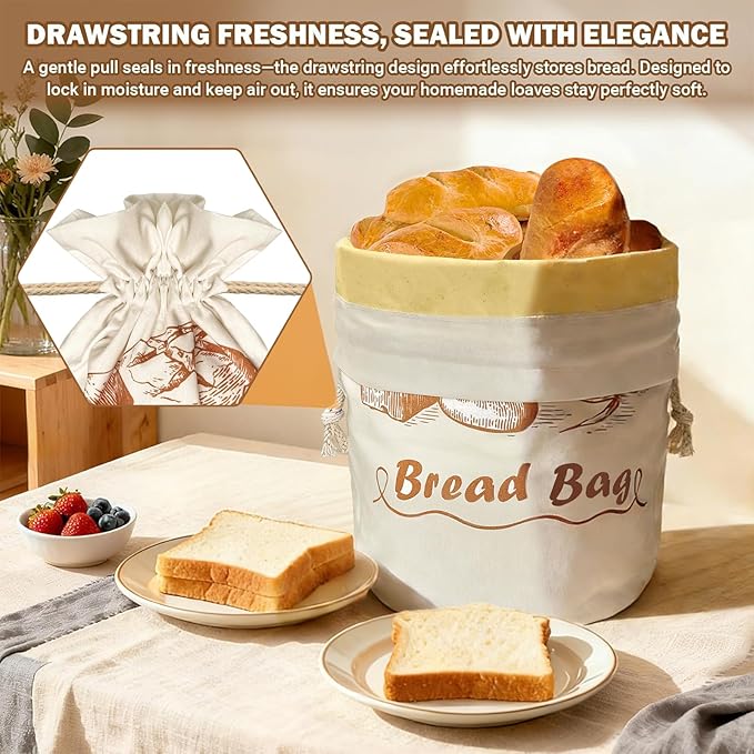 Large Cotton Beeswax Bread Bags for Sourdough with Drawstring Closure (1 Pack) Reusable Bread Storage Bags Keep Loaves Fresh, Freezer-Safe, baking container for gifting (Cylinder Design)