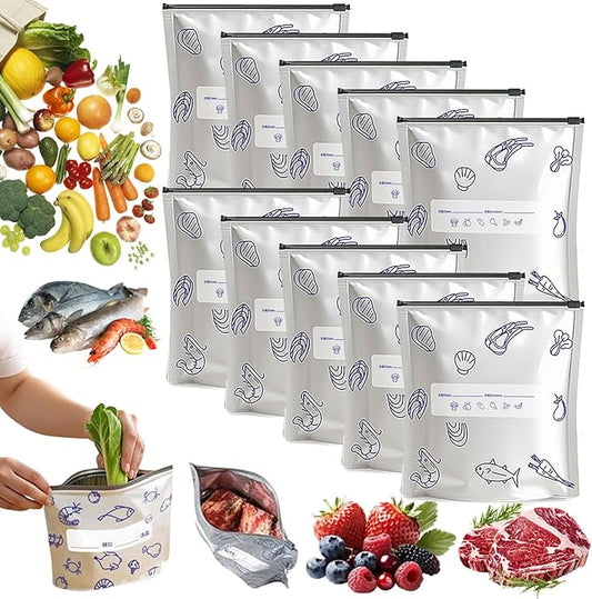 Reusable Aluminum Foil Sealable Storage Bags, 2026 New Resealable Vacuum Zipper Pouches for Food, Thicken Stand Up Foil Freezer Bags with Label & Zip Lock for Vegetable Fruit Meat (L*10)