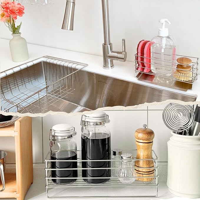 Sponge Holder for Kitchen Sink with Drip Tray | 304 Stainless Steel Sink Caddy | Kitchen Sink Organizer and Kitchen Sponge Holder | Rust Resistant Steel Frame Dish Caddy for Countertop