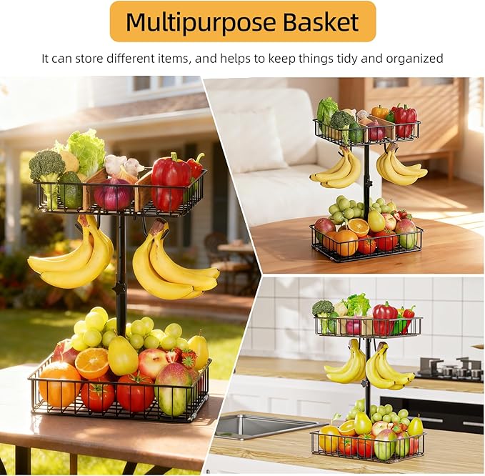 4-Level Adjustable Height Fruit Basket for Kitchen Countertop, 2-Tier Fruit Bowl with Removable Banana Hooks, Kitchen Organizer for Banana, Vegetable, and Snack Storage