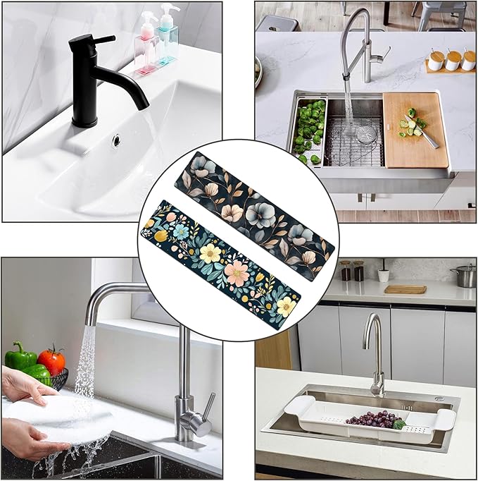 Bimkole 2 PCS Faucet Absorbent Mat, Kitchen Faucet Sink Splash Guard Wraparound Cloth Pads Drip Catcher for Sink Faucet for Kitchen Bathroom Faucet, Colorful Faucet Mat, 15 x 4 Inch Flower A4