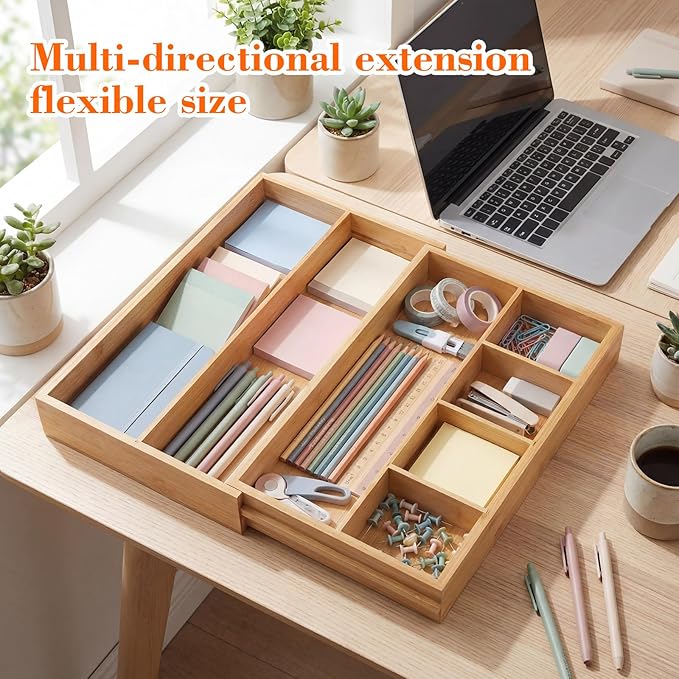 1 Pcs Bamboo Desk Drawer Organizer Wood 2 Inch Height Expandable Drawer Organizer Trays with Adjustable Compartments Desk Accessories for Makeup Silverware Office Bathroom(Stylish)