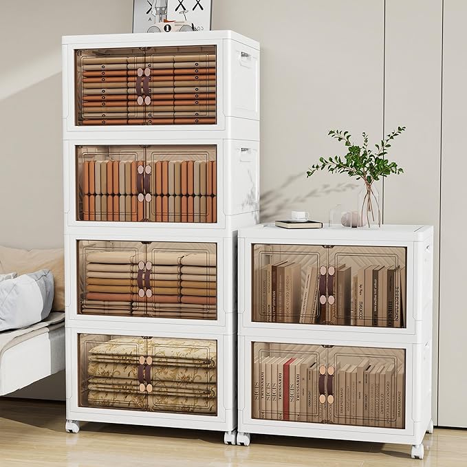 Storage Bins with Lids and Wheels, Collapsible Bathroom Storage Cabinet with Clear Doors, Plastic Stackable Closet Organizers and Containers White 628 QT