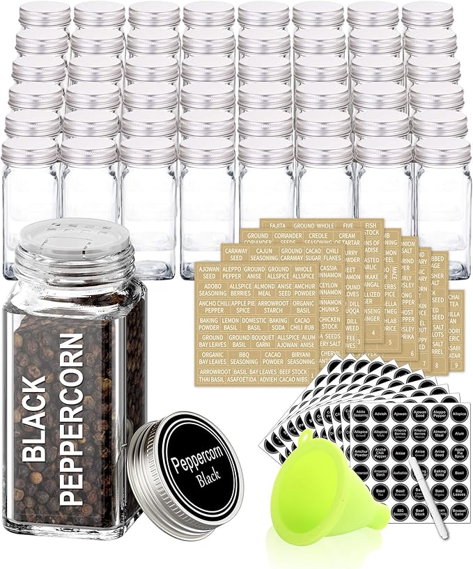 SWOMMOLY 48 Glass Spice Jars with 713 Spice Labels, Chalk Marker and Funnel Complete Set. 48 Square Glass Jars 4OZ, Airtight Cap, Pour/sift Shaker Lid