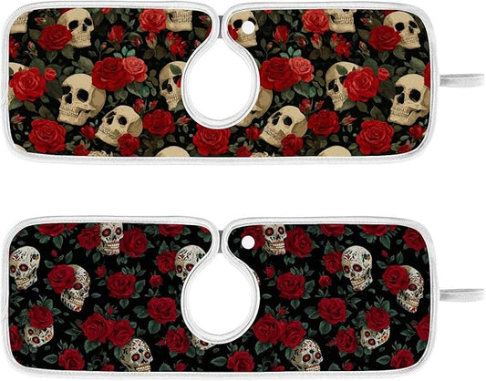 2 PCS Kitchen Sink Splash Guard 14.9 Inch Faucet Mat for Kitchen Sink Bathroom Sink Faucet Absorbing Drip Drain Mat Pad Microfiber Soft Washable Black Mexico Skulls and Red Roses