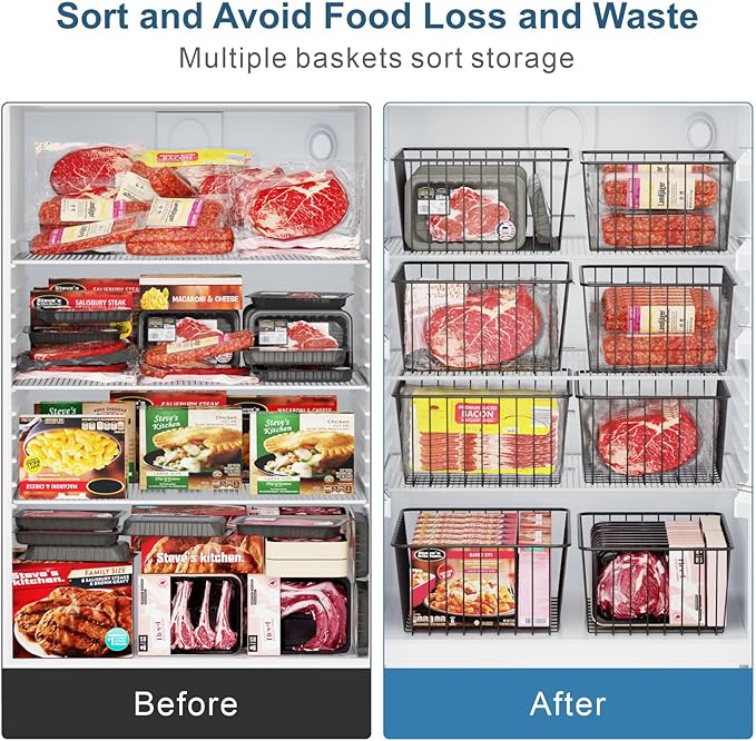 iSPECLE Freezer Organizer Bins - 4 Pack Upright Freezer Baskets for 17/21 Cu.Ft Stand up Freezer, Wire Storage for Reach-in Freezer, Slide-Out Access, Prevents Items Falling, 2 Large 2 Medium, Black