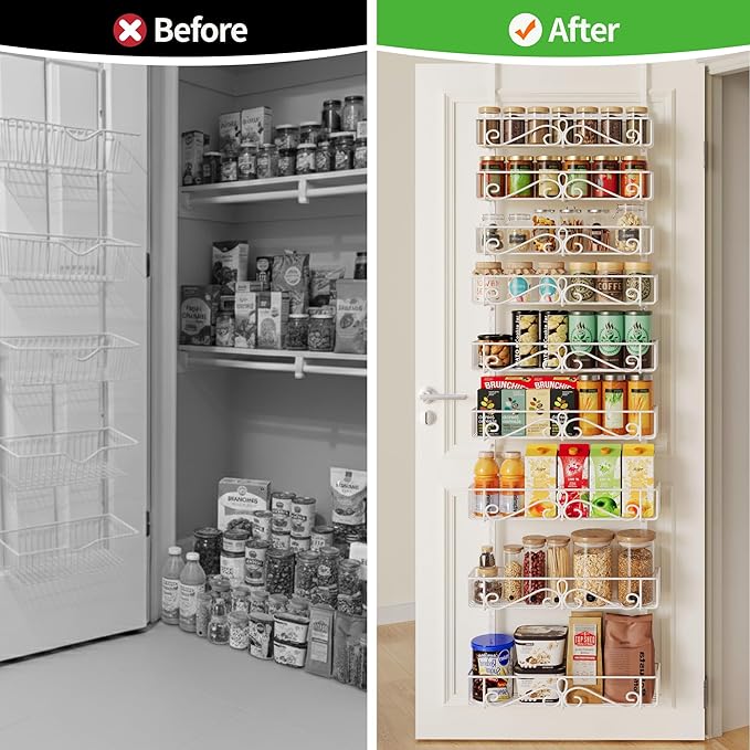 Over the Door Pantry Organizer, 9-Tier Pantry Organization and Storage for Kitchen, Metal Hanging Spice Rack Shelves Door for Home & Kitchen, Laundry Room Bathroom, White