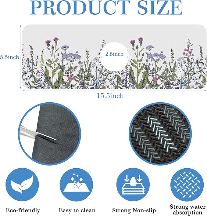 Faucet Mat Splash Guard Botanical Herbs Wild Flower, Soft Diatom Mud Material, Strong Water Absorption, Non-slip,Easy to Clean for Bathroom, Kitchen 15"X5.5"