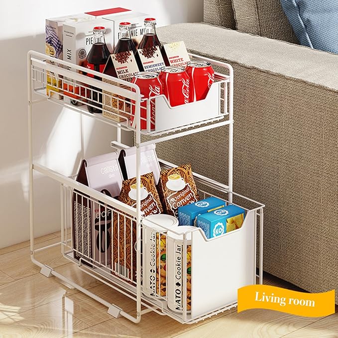 Pull Out Cabinet Organizer, 2-Tier Storage Wire Baskets With Sliding Storage Drawer, Carbon Steel Sliding Drawer Shelf Baskets for Kitchen Pantry Bathroom14.7''D×11.1''W×17.32''H