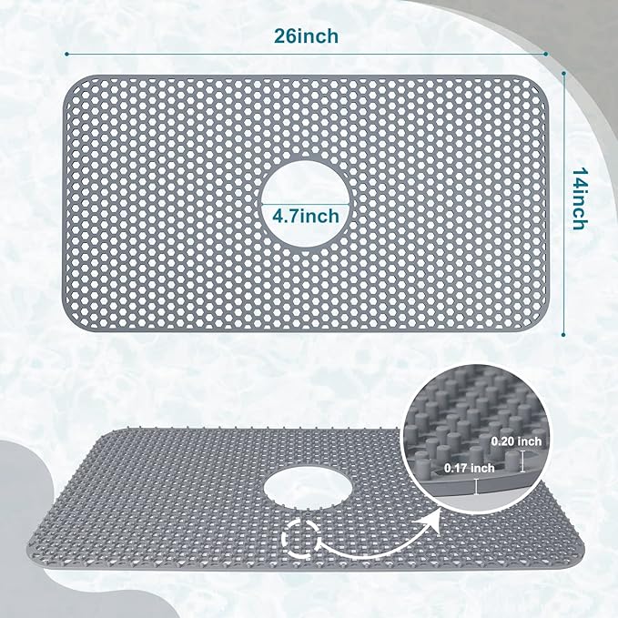 Bestjing Silicone Sink Mat, 26'' x 14'' Protectors for Kitchen Sink with Center Drain, Kitchen Protector Accessory, Non-Slip Grid Mat for Bottom of Farmhouse Porcelain Stainless Steel(Center Hole)