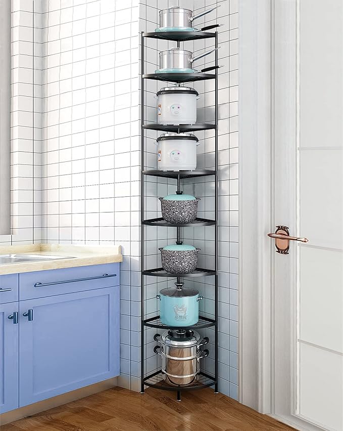 Kitchen Corner Shelf Rack, Multi-layer Pot Rack Storage Organizer Metal Shelves Holder (8 Tier)