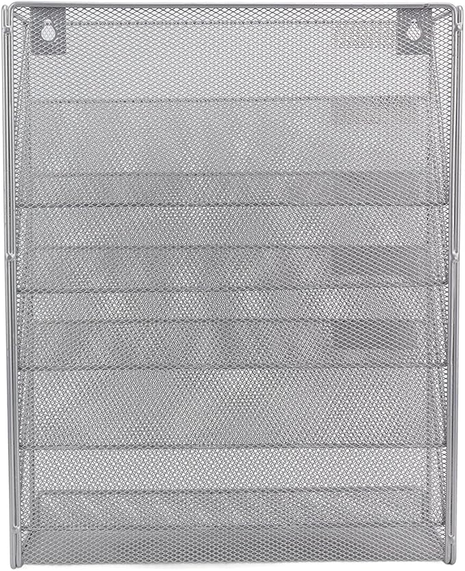5 Tier Wall File Organizer with Hooks, Wall Mounted File Holder, Vertical Placement Iron Mesh Storage Rack with Label Panels, Easy Installation for Office Home Silver
