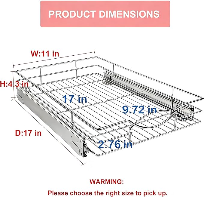 Pull Out Cabinet Organizer, Heavy Duty Kitchen Cabinet Pull Out Shelves, Slide Out Wire Basket for Kitchen Cabinets, Bathroom, Pantry, Chrome Finish (11 * 17 in)