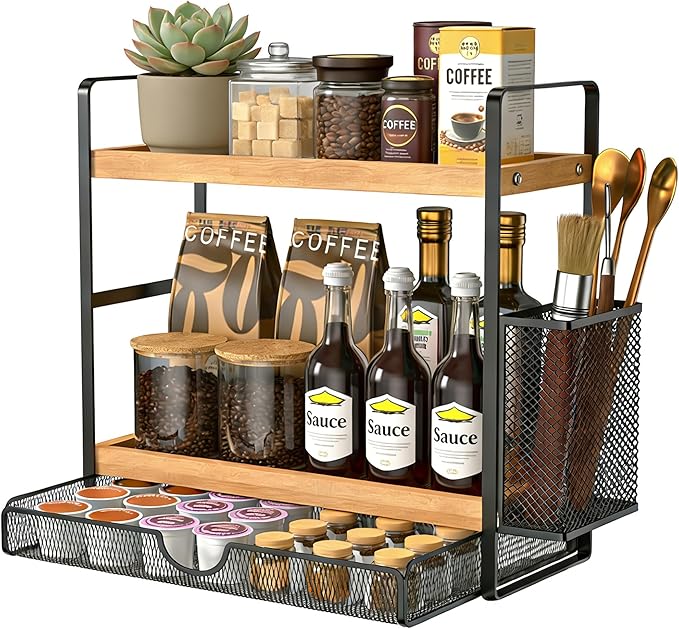 2 Tier Spice Rack Organizer for Countertop with Drawer and Basket, Suitable for Coffee Organizer, Kitchen Counter Storage, Bathroom Storage