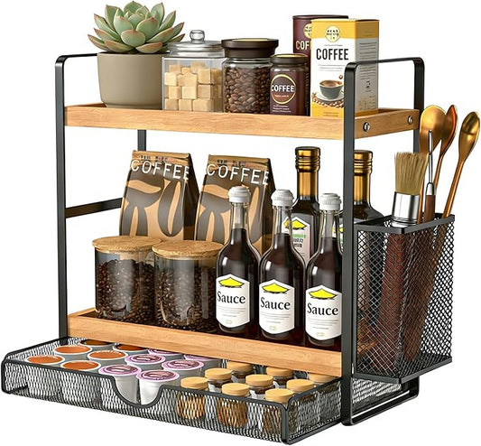 2 Tier Spice Rack Organizer for Countertop with Drawer and Basket, Suitable for Coffee Organizer, Kitchen Counter Storage, Bathroom Storage
