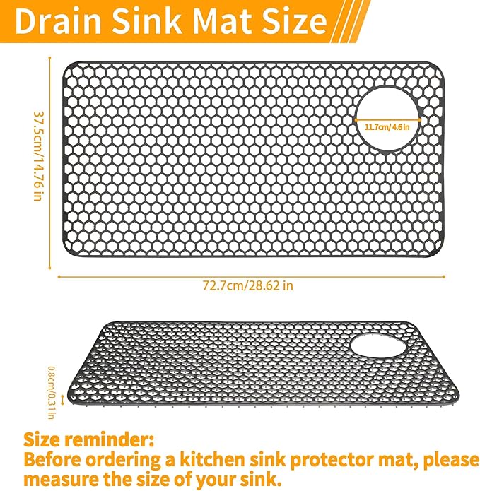 Myirxcv Silicone Sink Mat, 28.62"x 14.76" Heat-resistant Sink Protectors, Drying Mats for Kitchen of Bottom Farmhouse Porcelain Stainless Steel, Kitchen Accessory, Right & Left Drain（Grey）