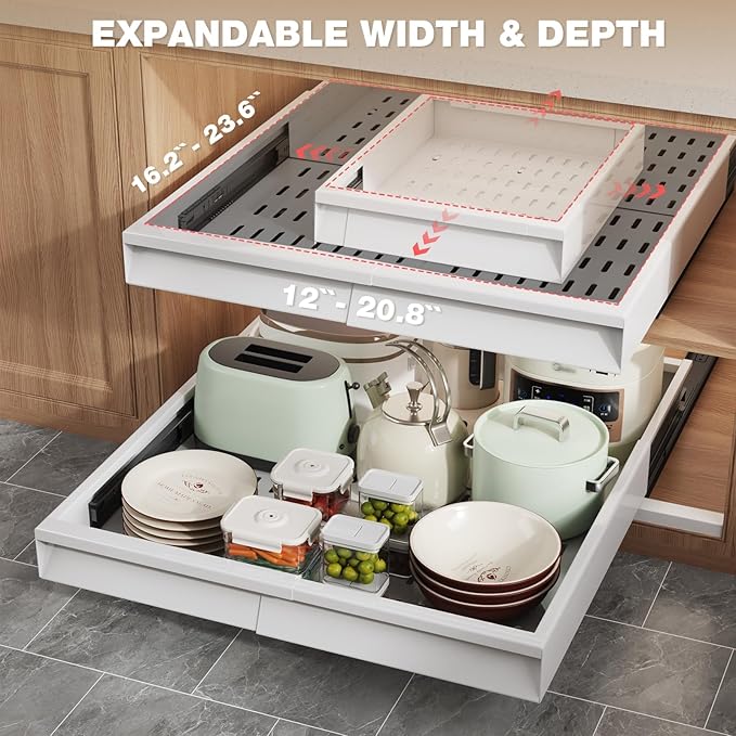4 Pack Pull Out Cabinet Organizer Expandable Width (12"-20.8") & Depth (16.2"-23.6"), 3 Slide Rails Slide Out Drawers with Handle, Includes Raising Pad for Framed Cabinets, White