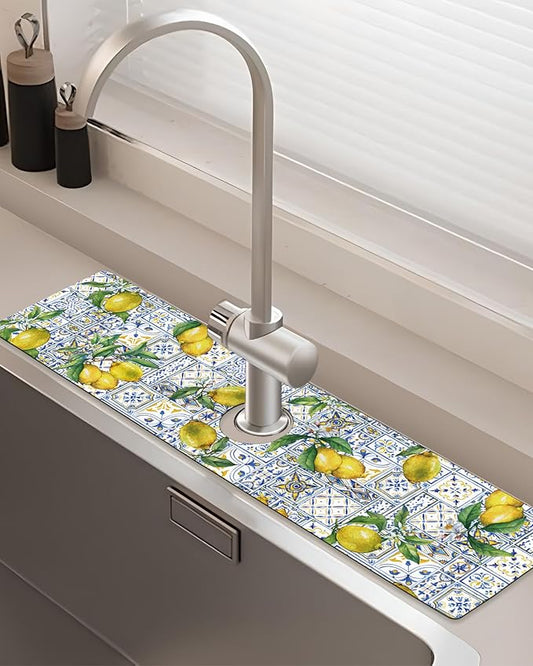Patterned Sink Faucet Mat Kitchen Splash Guard Super Absorbent Drying Mat, Non-Slip Drain Pad for Kitchen Counter or Bathroom-24x5.5in