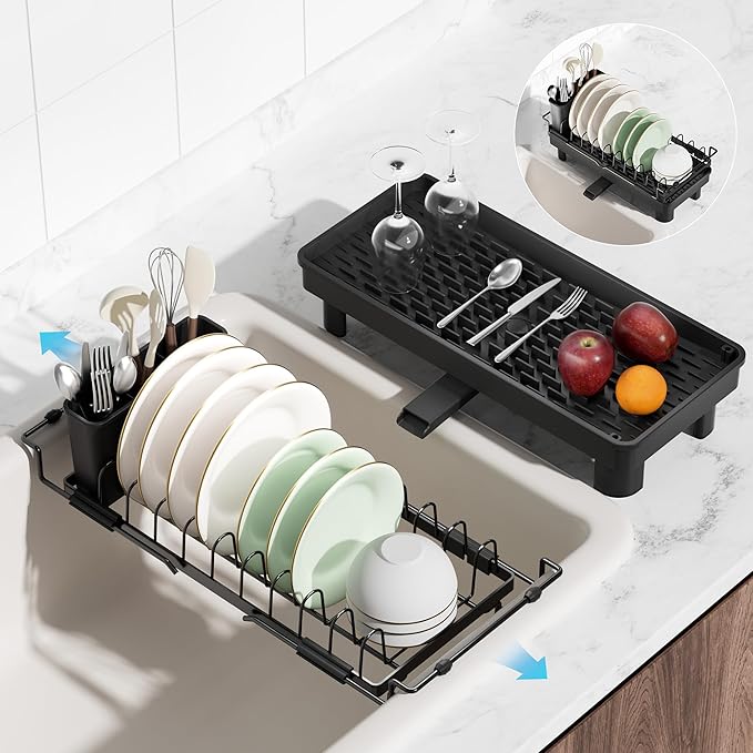 Nacial Small Dish Drying Rack with Utensil Holder, Expandable Dish Rack Over Sink with Auto-Drain Tray, Compact Dish Drainer for Kitchen Counter, Stainless Steel Dish Rack Fits 14''–21.8'' Sink, Black