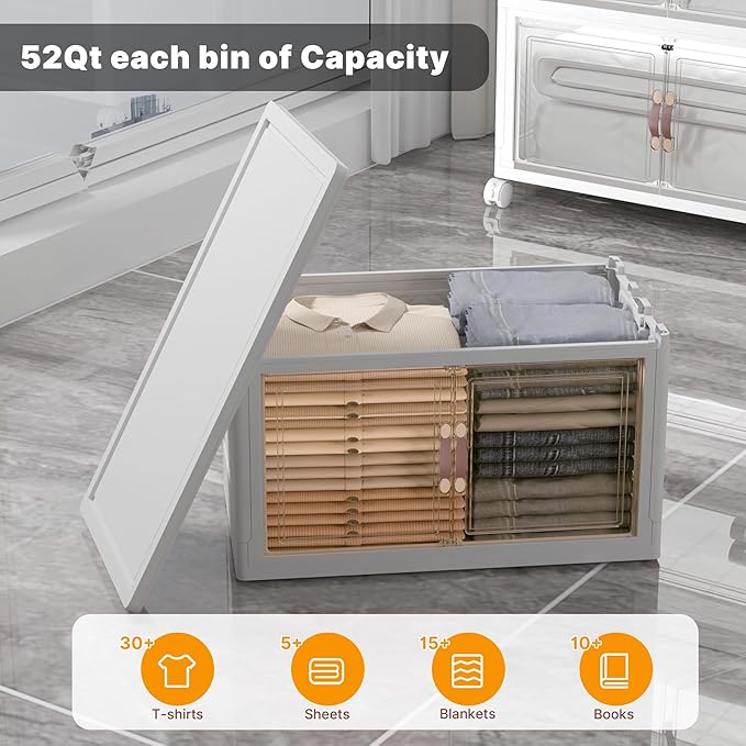 Stackable Storage Bins with Lids, 260QT Closet Organizers and Storage with Doors and Wheels, Extra Large Storage Cabinet, Collapsible Plastic Drawers for Bedroom Dorm Office Garage