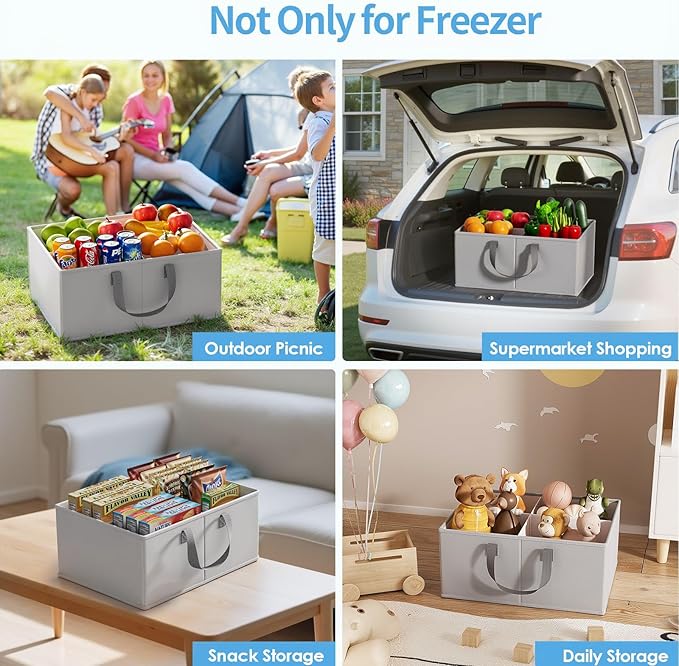 Housolution 2 Pack Freezer Organizer Bins, Collapsible Deep Chest Freezer Organizer Bins with Removable Dividers, Label Pockets, Waterproof Freezer Storage Bins with Portable Handle (19"x14"x9")