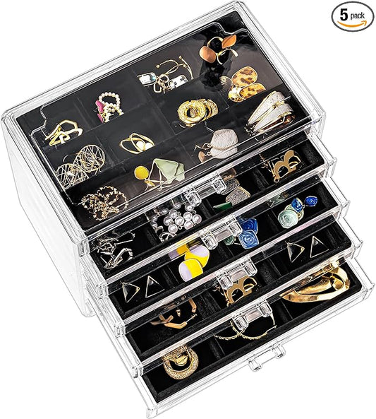 ProCase Earring Holder Organizer Jewelry Box with 5 Drawers, Acrylic Clear Earring Case with Adjustable Velvet Trays for Women - Black, 5 Layers