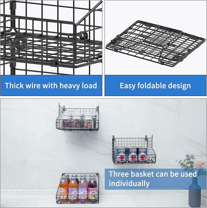X-cosrack 3-Tier Stackable Detachable Snack Organizer (Large Size), Countertop Display/Wall Mounted Shelf with 5 Hooks Wire Basket Snack Shelf for Office Cabinets, Kitchen, Pantry, 11.8x7.8x22 Inch