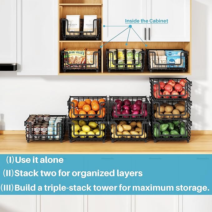2 Pack Stackable Metal Wire Vegetable Fruit Basket for Kitchen Counter Cabinet, Pantry Organizers and Storage Basket, Food Can Snack Onion Potato Bread Storage Shelf Freezer Organizer Bins Black