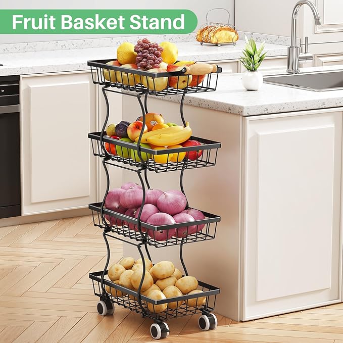 SAYZH Fruit Basket Kitchen Pantry Organizers and Storage - 4 Tier Stackable Metal Wire Basket Stand for Fruit Vegetable Snacks Jars Bins Containers Organization(Black, 4 Tiers)